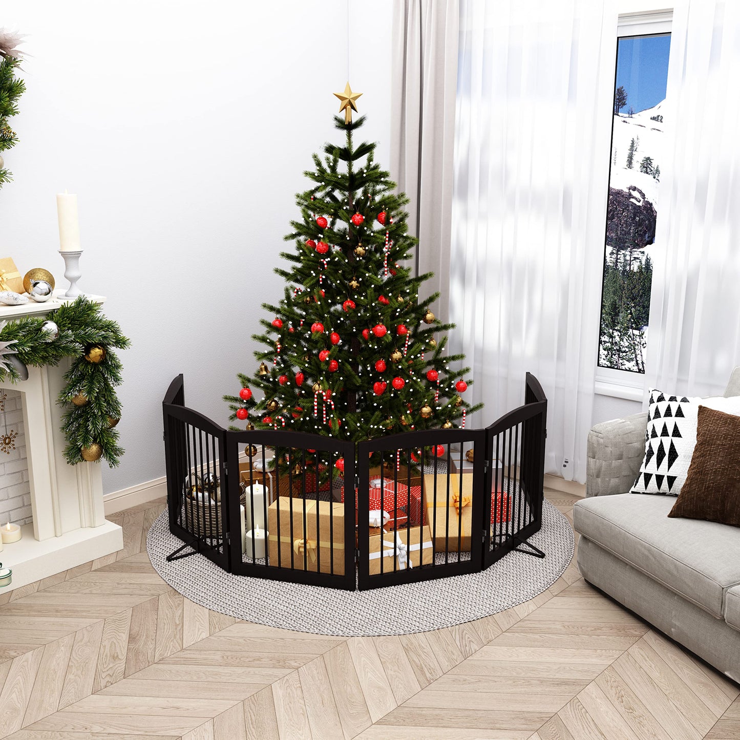 PUPETPO Freestanding Pet Gate for Dogs, Foldable Wooden Dog Gate for House, Extra Wide Indoor Pet Barrier for Stair, Doorway, Hall, Support Feet Included, 120 Inch Wide, 6 Panels 24", Brown