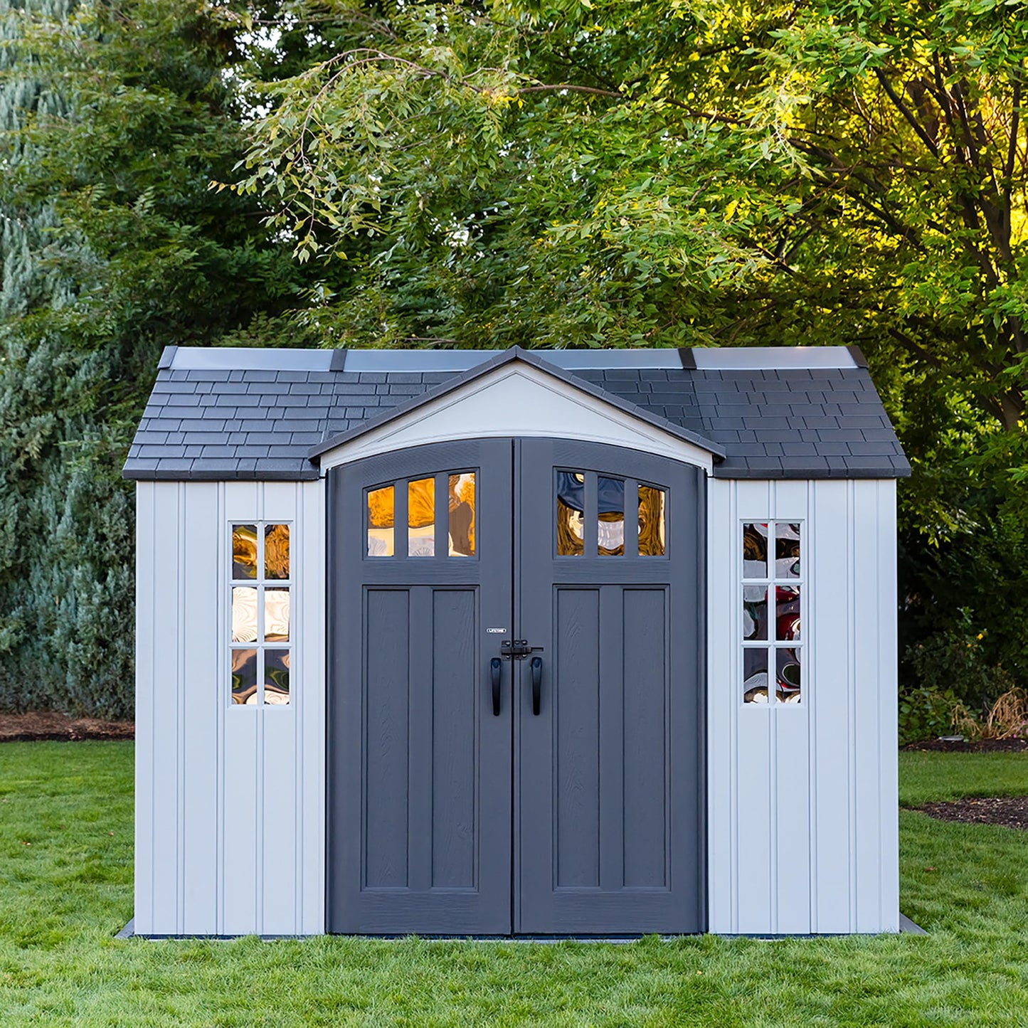 Lifetime Dual Entry Outdoor Storage Shed, 10x8 Ft, Gray, Resin Tool Shed with Double Doors