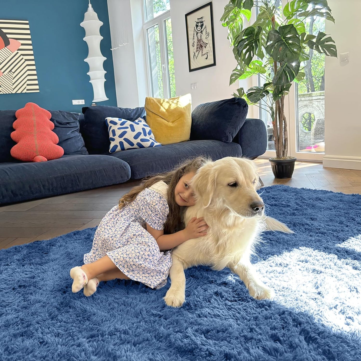 OLANLY Large 5x7 Machine Washable Area Rug - Soft Fluffy Shaggy Carpet for Living Room & Bedroom | Blue