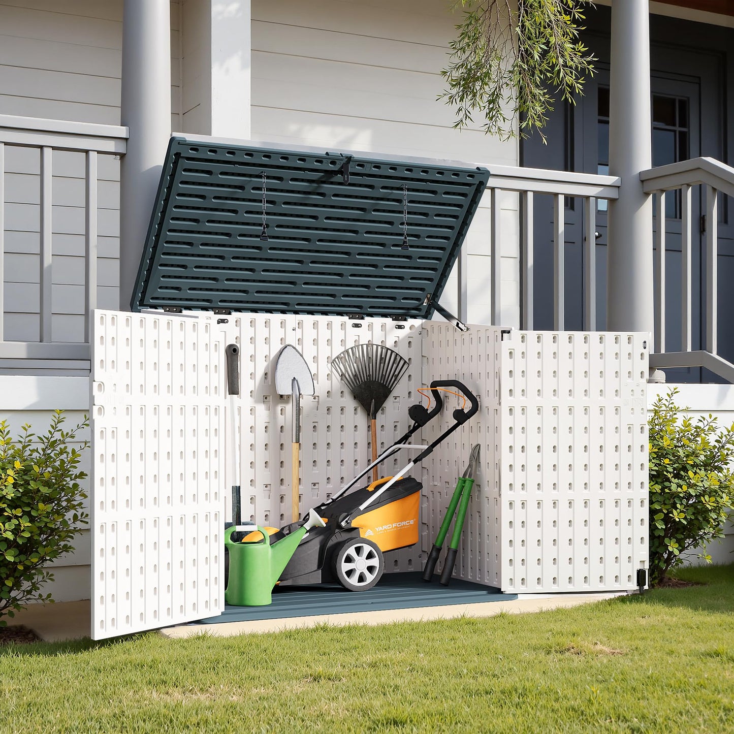 Greesum Outdoor Trash Can Storage Shed, 34 Cu.ft Horizontal Outdoor Storage Cabinet, Waterproof for Garden, Pool Storage, Garbage Cans, Beige