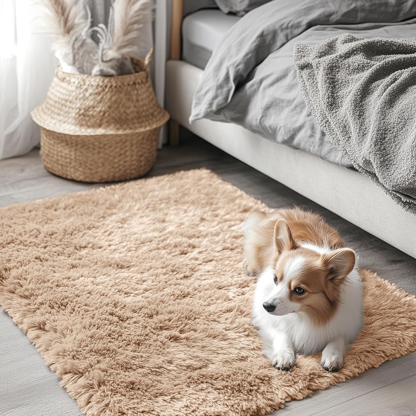 OLANLY Soft Fluffy Shaggy Bedside Rug - Machine Washable 3x3 ft Entryway Carpet | Beige Decor for Kids' Rooms