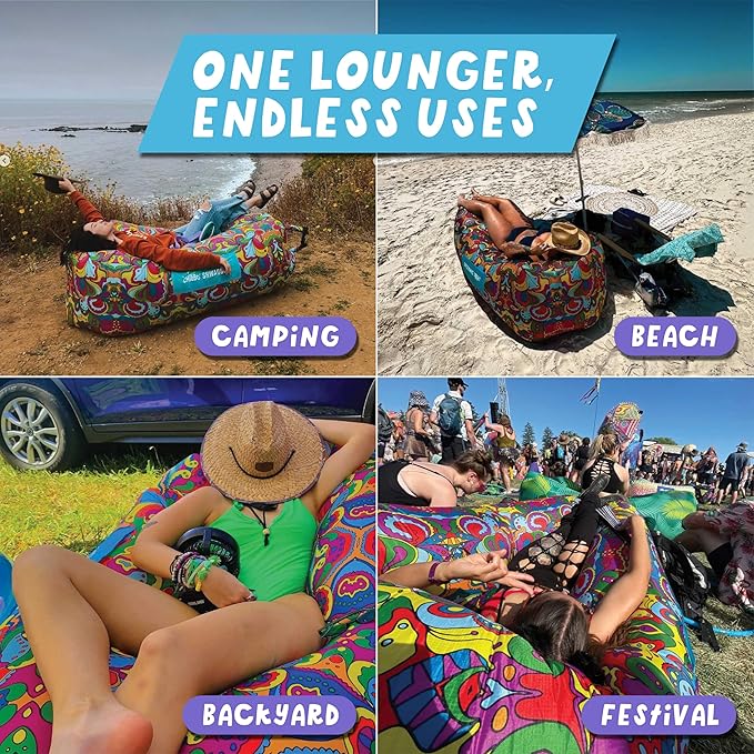 Chillbo Shwaggins Inflatable Couch – No-Pump Setup, Ripstop Polyester, Stability Pegs, Fun Prints, Portable Air Lounger for Beach, Camping, Festivals, and Tailgating - 60s Pyschedelic