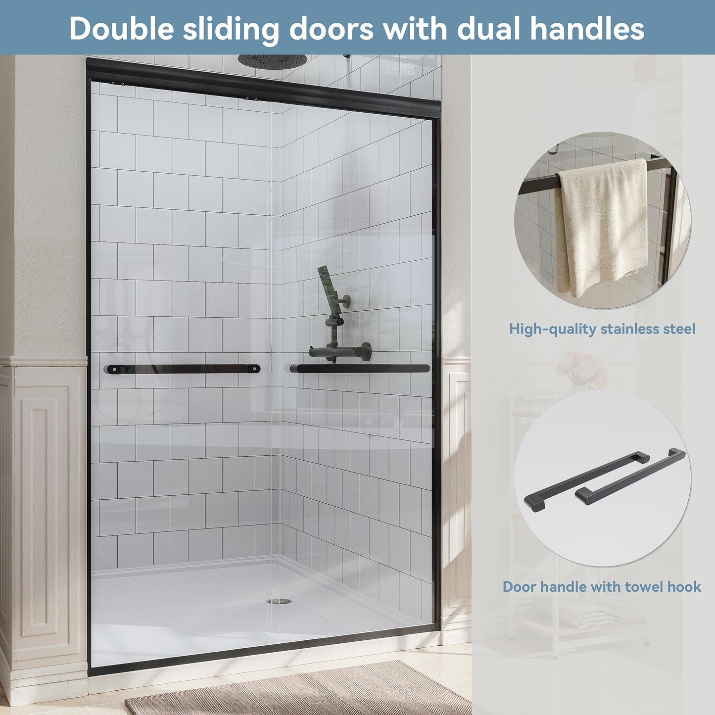 Kullavik Shower Door 44-48'' W x 72'' H Semi-Frameless Bypasss Bathroom Glass Shower Double Sliding Doors,1/4'' (6mm) Clear SGCC Tempered Glass with Explosion-Proof Film,Black