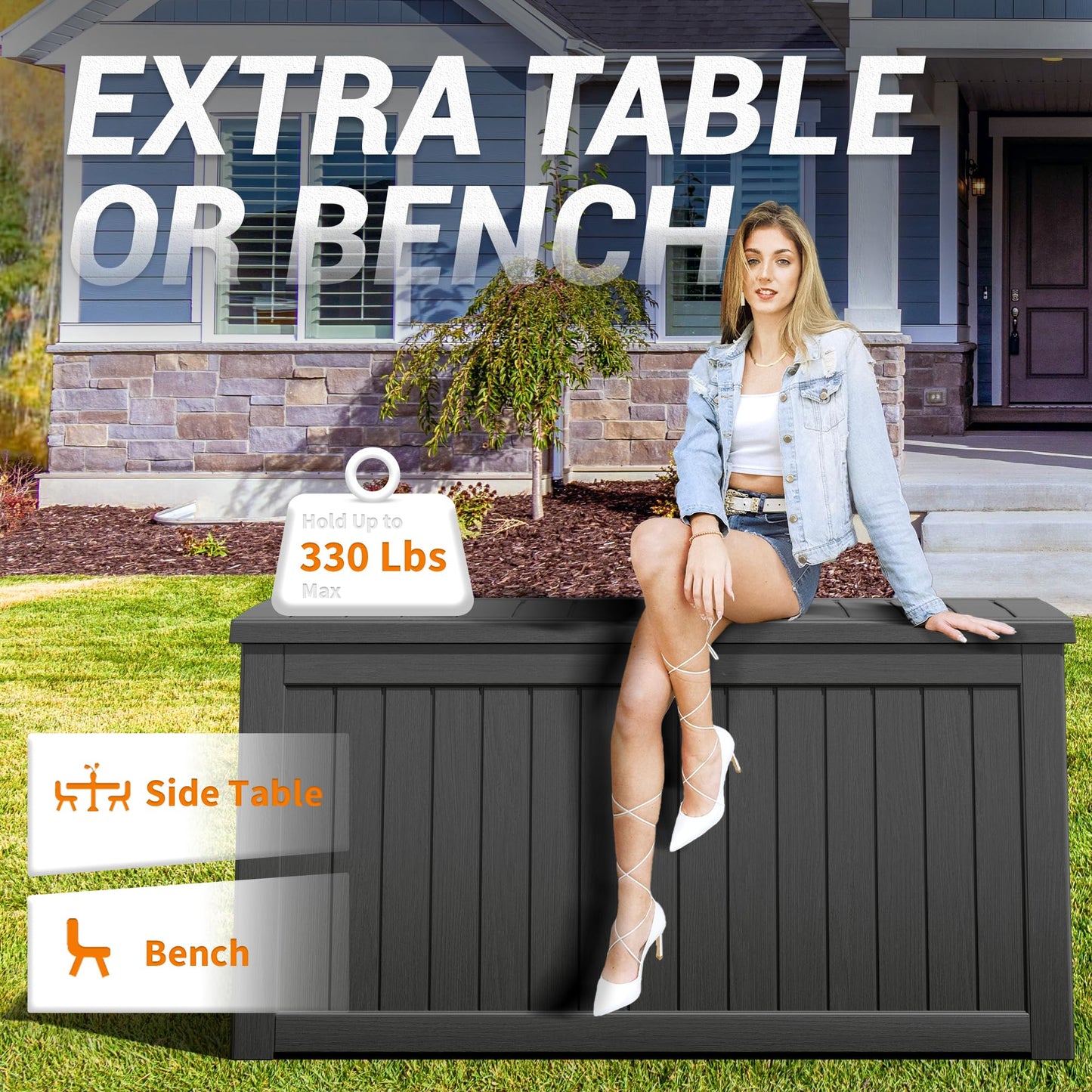 WTFGO 150 Gallon Outdoor Storage Box, Resin Deck Boxes Outdoor Waterproof For Patio Furniture, Garden Tools, Pool Supplies, Lockable And UV Resistant (Striped Black)