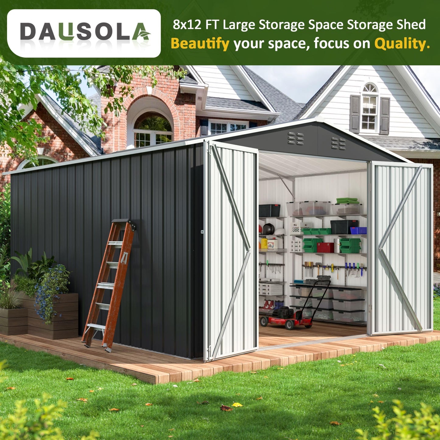 DAUSOLA 8.2x12 FT Outdoor Storage Shed, Metal Garden Tool Shed with Updated Frame Structure and Lockable Doors, Ideal for Backyard Garden Patio Lawn, Grey
