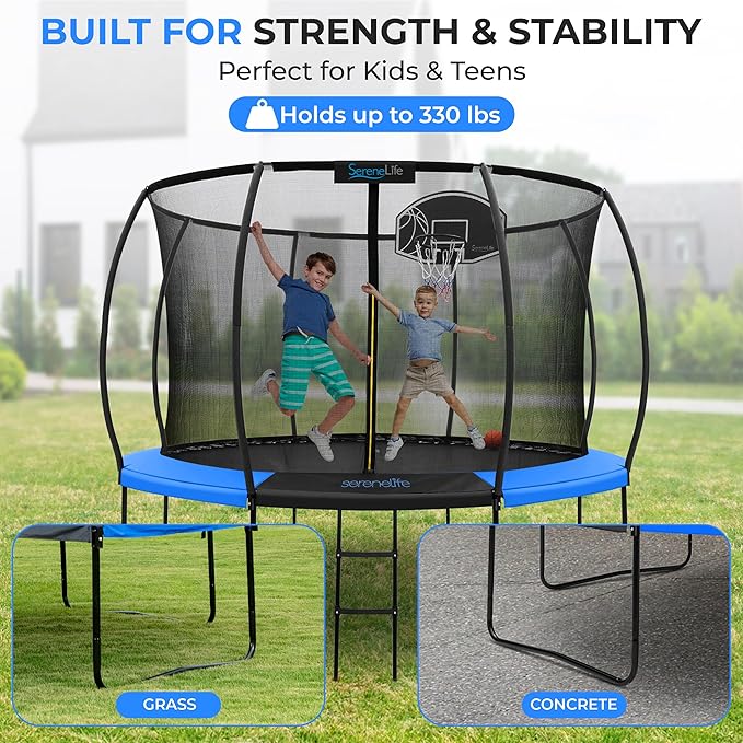 SereneLife 8FT 10FT 12FT 14FT Outdoor Trampoline for Kids and Adults – ASTM Certified Heavy-Duty Backyard Trampoline with Safety Poles, Net Enclosure, and Stable Anti-Rust Frame