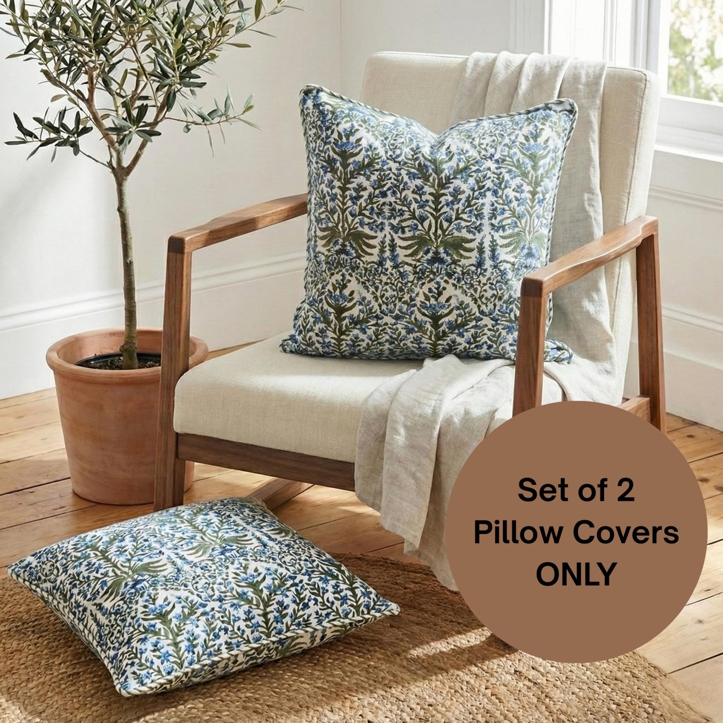 ATOSII Block Print Throw Pillow Cushion Covers, 24" X 24" - Set of 2, Decorative Couch Pillows for Living Room Bed Sofa, 100% Cotton Canvas Pillow Case for Home Decor & Outdoors - Nargis Blue