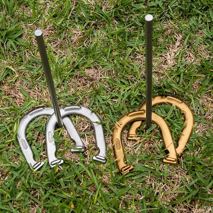 Champion Sports Horseshoe Set: Traditional Outdoor Lawn Game includes Four Professional Solid Steel Horseshoes with Solid Steel Stakes & Carrying Storage Case