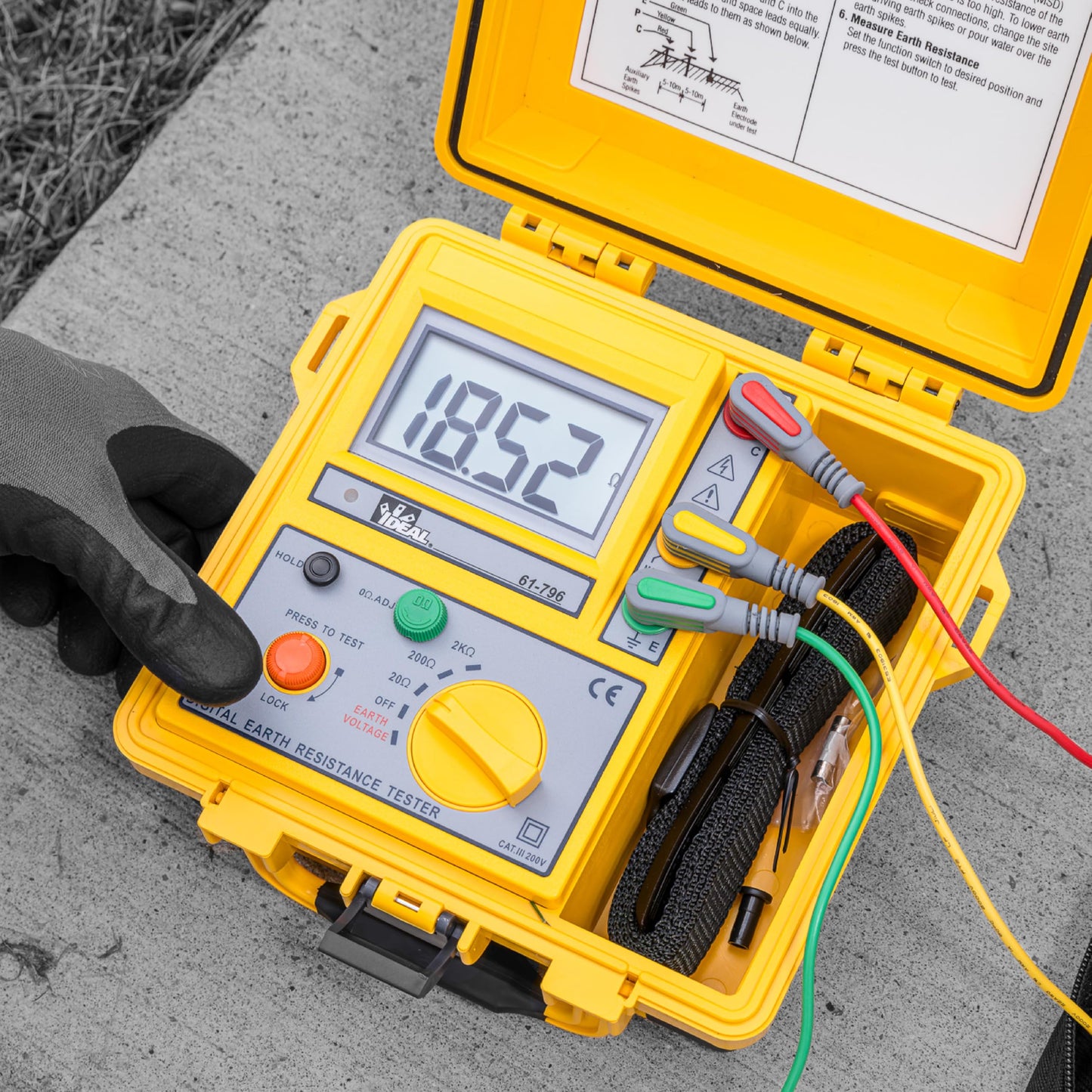 Ideal Electrical 3-Pole Ground Resistance Tester, Auto-Ranging Earth Voltage & Ground Rod Measurement, Non-GFCI Tripping Design, Zero-Ohm Adjust, Data Hold, Hard Case, Leads & Electrodes