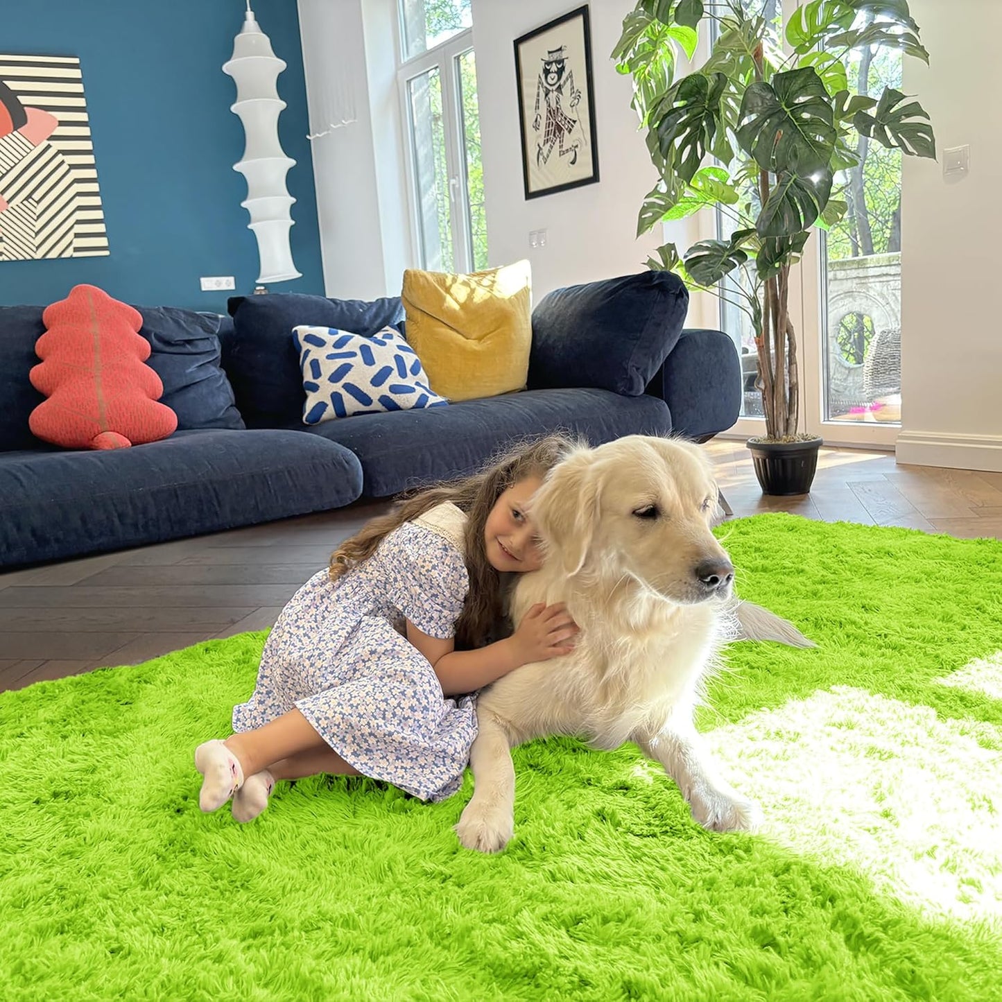 OLANLY 2x5 Machine Washable Runner Rug - Soft Fluffy Shaggy Design for Bedroom & Hallway | Lime Green Home Decor