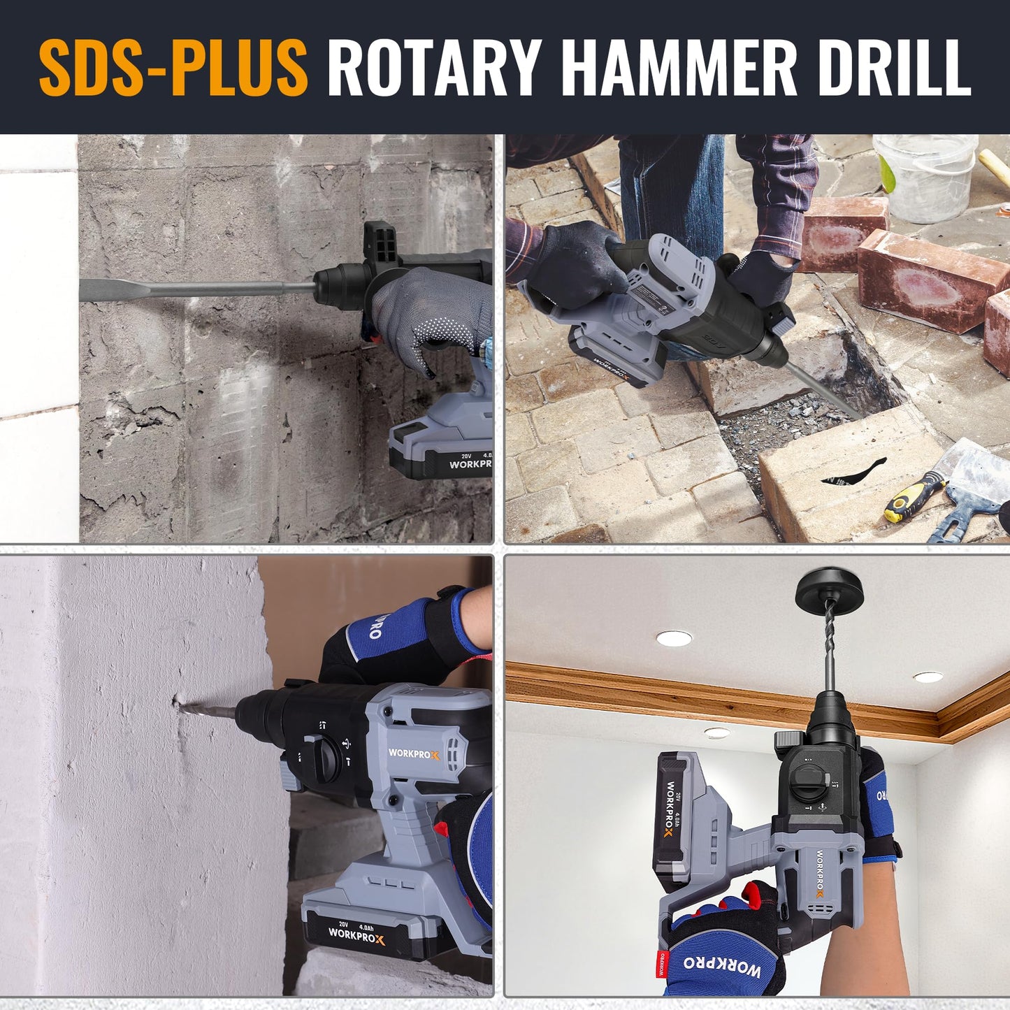 WORKPROX 20V Cordless Rotary Hammer Drill, 7/8" SDS-Plus, 2.0J Hammer Drill for Concrete with 4 Functions, Brushless Motor, 4.0Ah Battery & LED Light, Lightweight SDS Hammer Drill for Home Use
