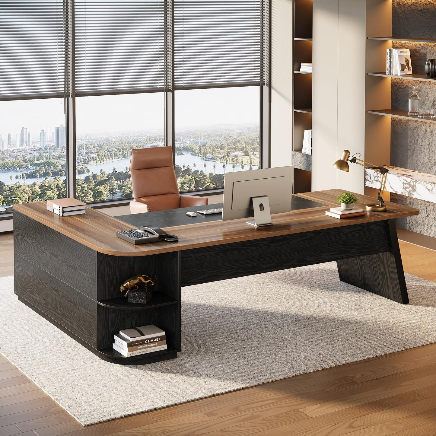 Tribesigns 79-Inch Executive Desk, Large Office Desk with Cabinet, L-Shaped Compter Desk with Storage Shelves, Writing Table for Home Office, Brown and Black