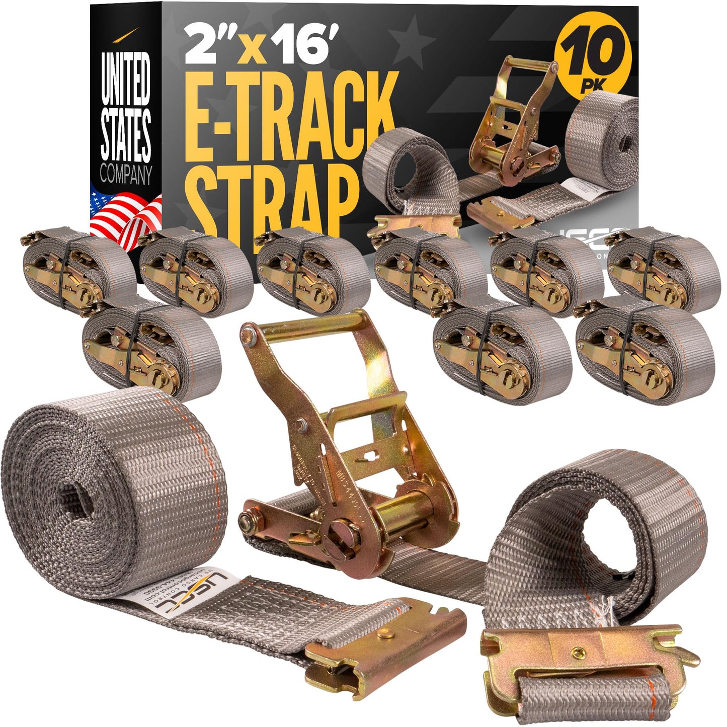 US Cargo Control E Track Straps 2" x 16' (10-Pack), 4,400 LBS Break Strength, Gray Heavy Duty E Track Ratchet Straps with 4' Fixed End and Spring E-Fittings, Logistic Tiedowns for Box Trucks, Vans