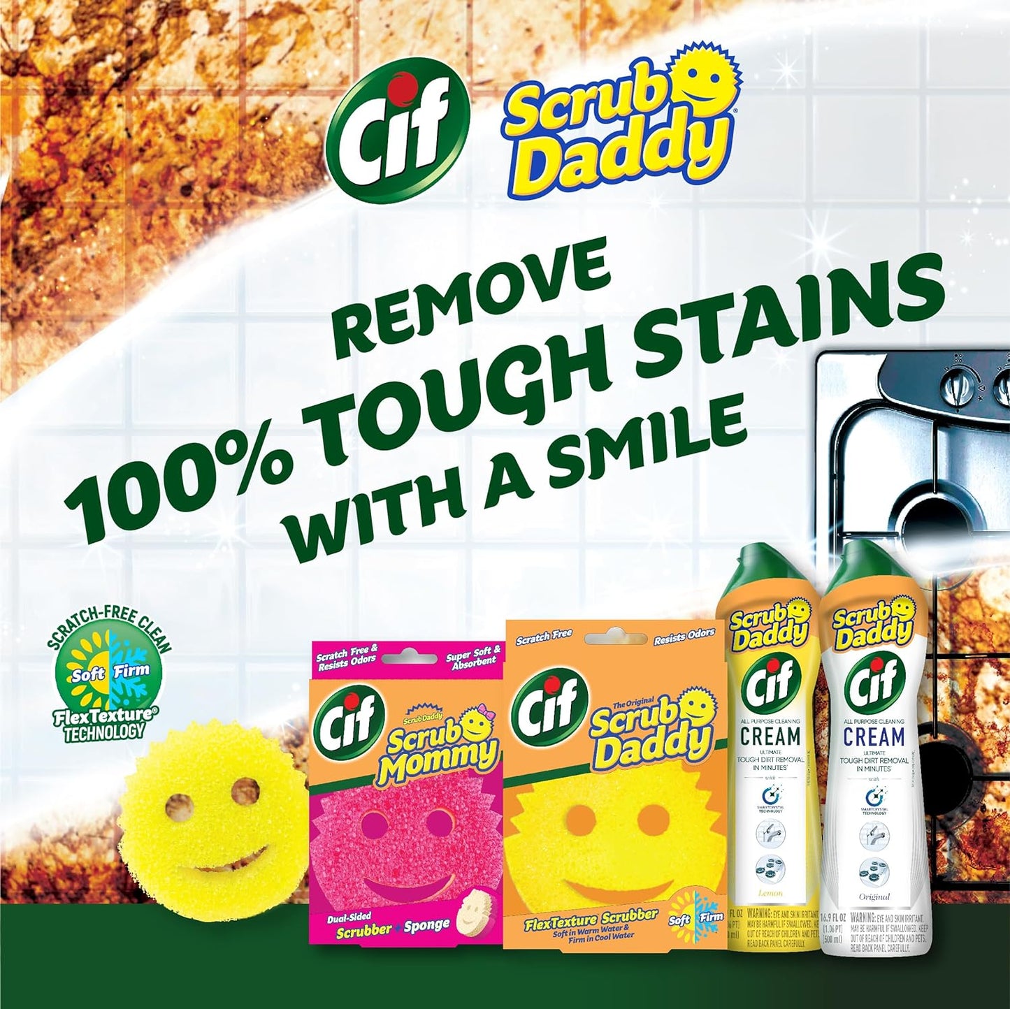 Scrub Daddy Scrub Mommy | Scratch-Free Dual-Sided Kitchen & Bathroom Scrubber + Cif All-Purpose Cleaner - Complete Cleaning Supplies Kit