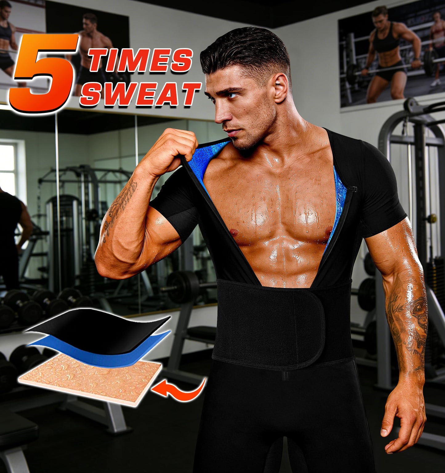 QZSH Sauna Suit for Men Sweat Jumpsuit Full Body Heat Trapping Slimming Shirt for Working out(70029-01-S)
