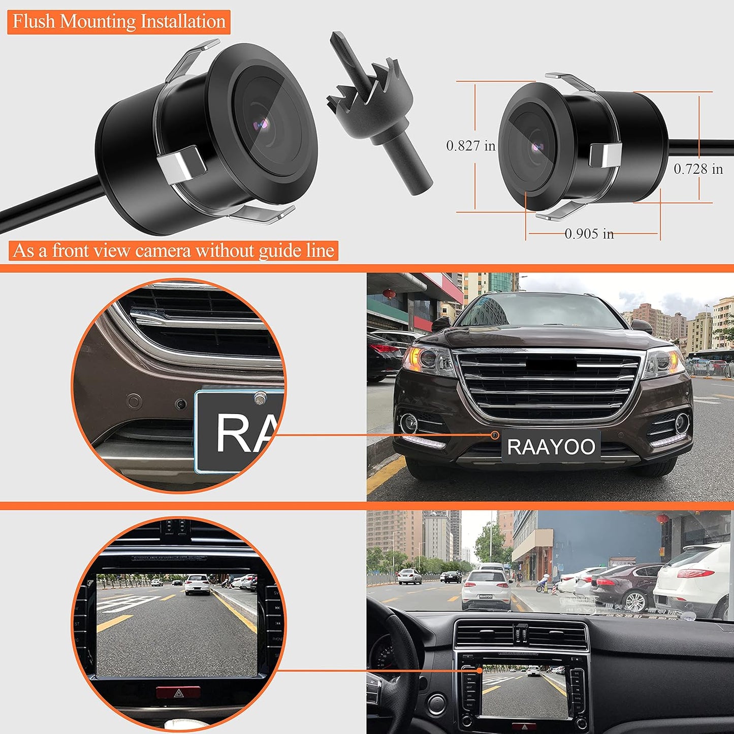 RAAYOO 170Wide IP69 18.5mm, 12V/24V, Backup Camera Flush Mount, Metal Housing View Angle Rear/Side/Front View Camera