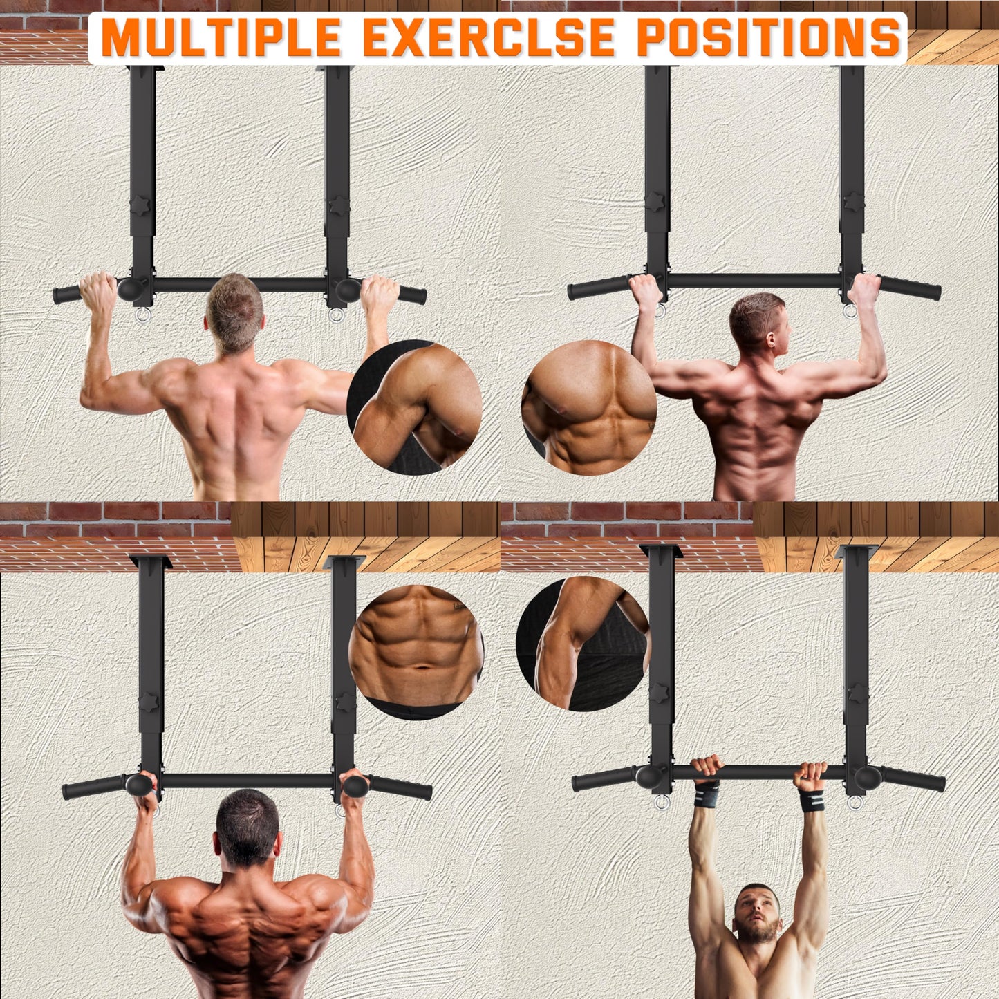 Ceiling Mount Pull Up Bar for Garage/Basement/Rafter - Heavy Duty 800LBS Adjustable Height Multi-Grip Chin Up Bar,Ceiling Joist/Beam Mounted Pull-Up Bar with Ball Finger & Round Anchors