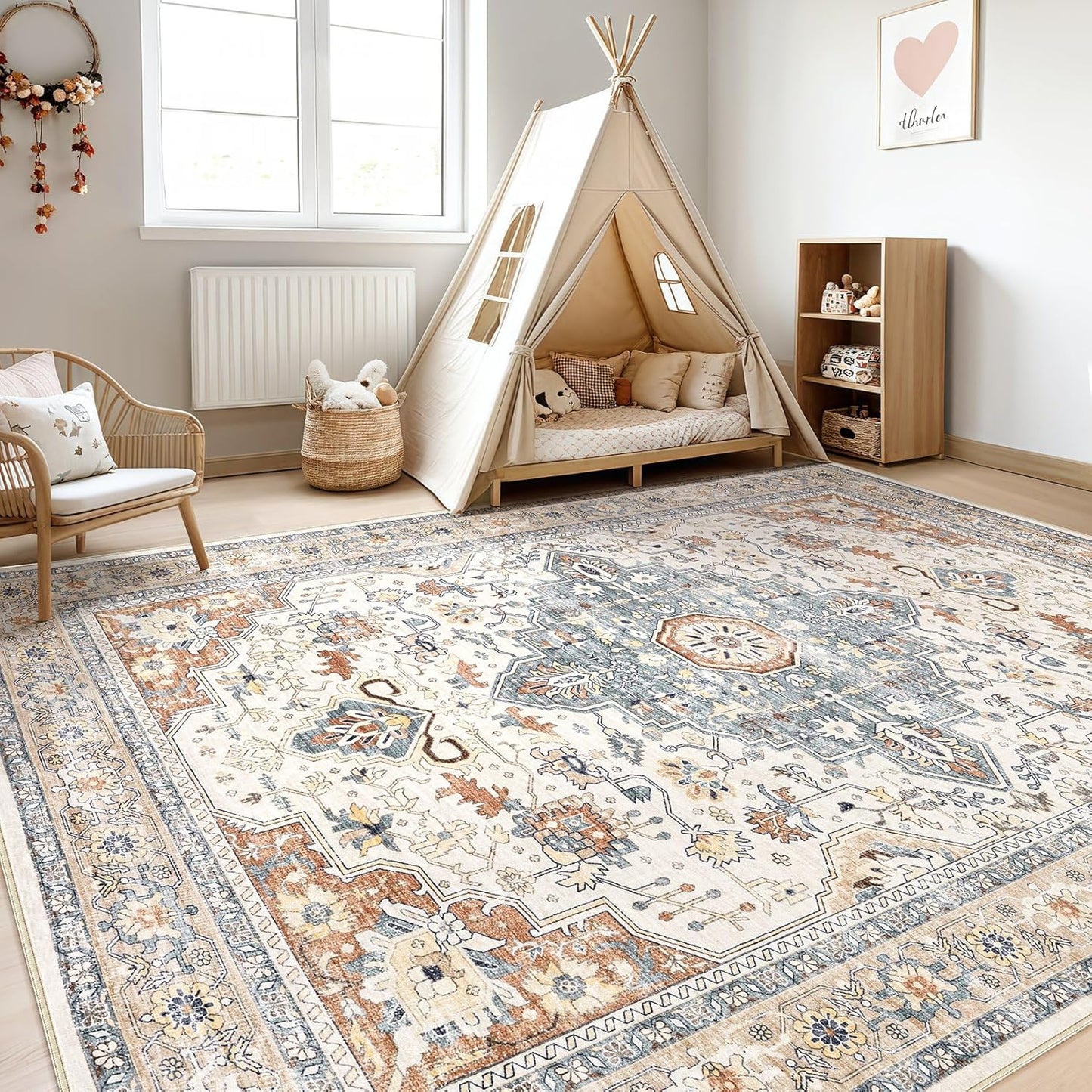 Skiennix 9x12 Area Rug - Washable Boho Vintage Soft Carpet | Stain Resistant, Non-Slip, Beige & Blue