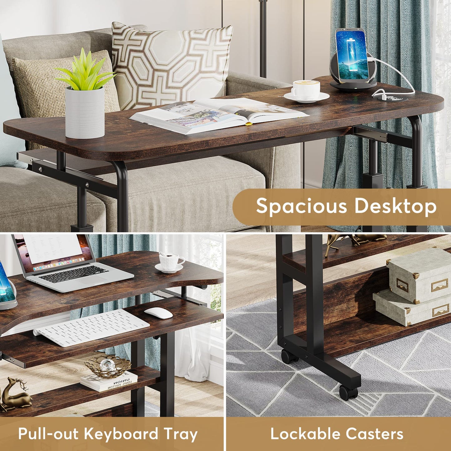 Tribesigns Portable Desk with Power Outlets, Height Adjustable Side Table Sofa Couch Bedside Laptop Computer Cart with USB Charging Ports, Mobile Small Standing Desk with Keyboard Tray
