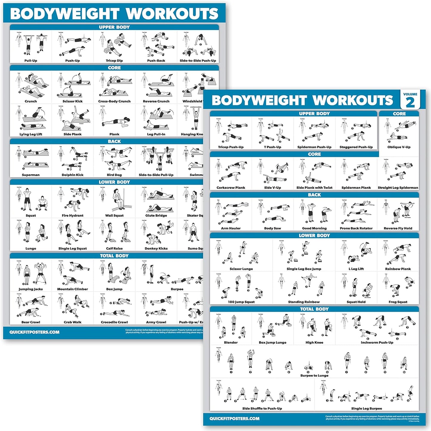 Palace Learning Bodyweight Workout Exercise Poster Set - Laminated Charts (18" x 24") - Volume 1 & 2