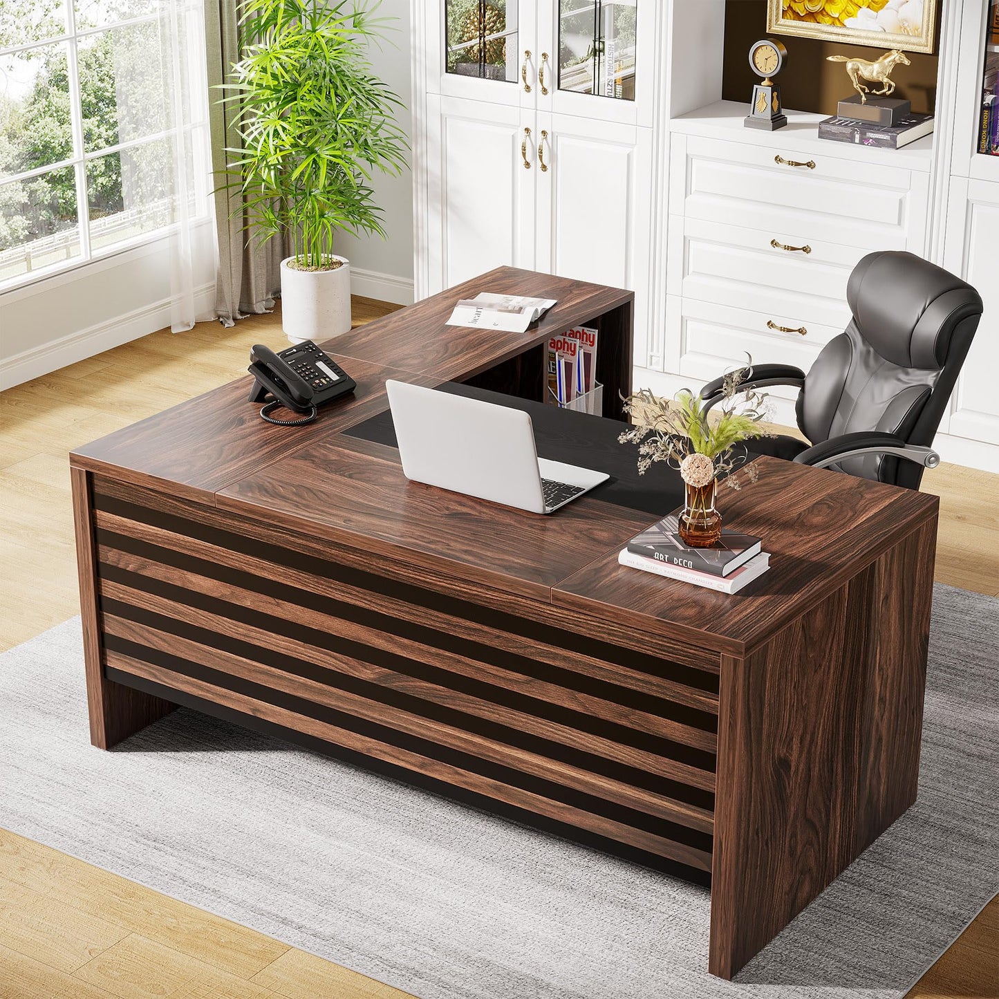 Tribesigns 62.2" Executive Desk with Mobile File Cabinet, L-Shaped Office Desk with Storage Shelves, Large Computer Table Business Workstation Set for Home Office, Dark Brown