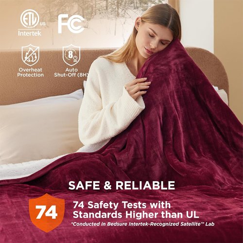 Bedsure Electric Blanket - Queen Size Heated Blanket with Dual Control, Fast Heating, 10 Settings (84x90 inches, Burgundy)