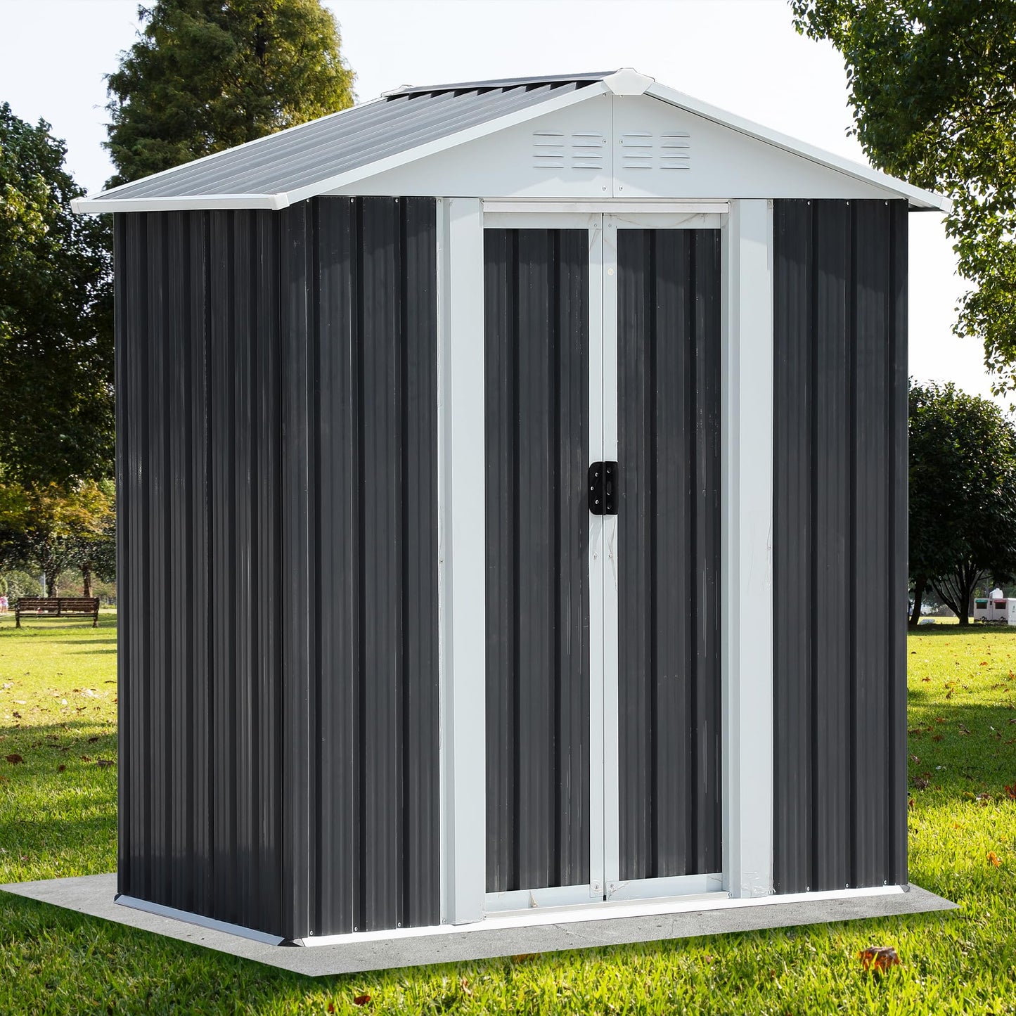 KEIKI 5x3FT Outdoor Storage Shed, Heavy-Duty Metal Storage Shed with Floor & Lockable Sliding Doors, Waterproof Tool Sheds for Garden, Backyard, Patio, Lawn