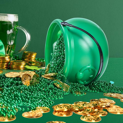 JOYIN 7.5'' St. Patricks Day Green Cauldron, Plastic Lucky Leprechaun Pot, Candy Kettle Bucket & Basket for St. Patricks Day, Mardi Gras, Halloween Party Decoration Supply Accessory