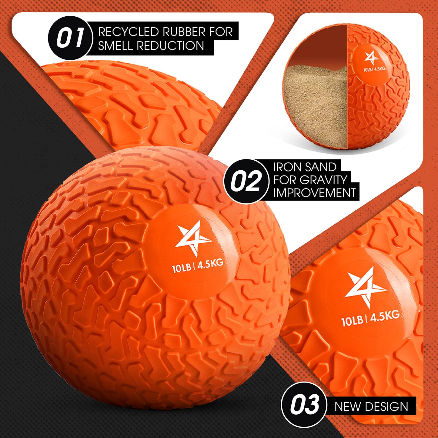 Yes4All Slam Balls, 10-40lb Weighted Ball Weight, Durable PVC Sand Filled Workout Dynamic Slam Ball for Strength Training, Tread, Orange, 10lbs