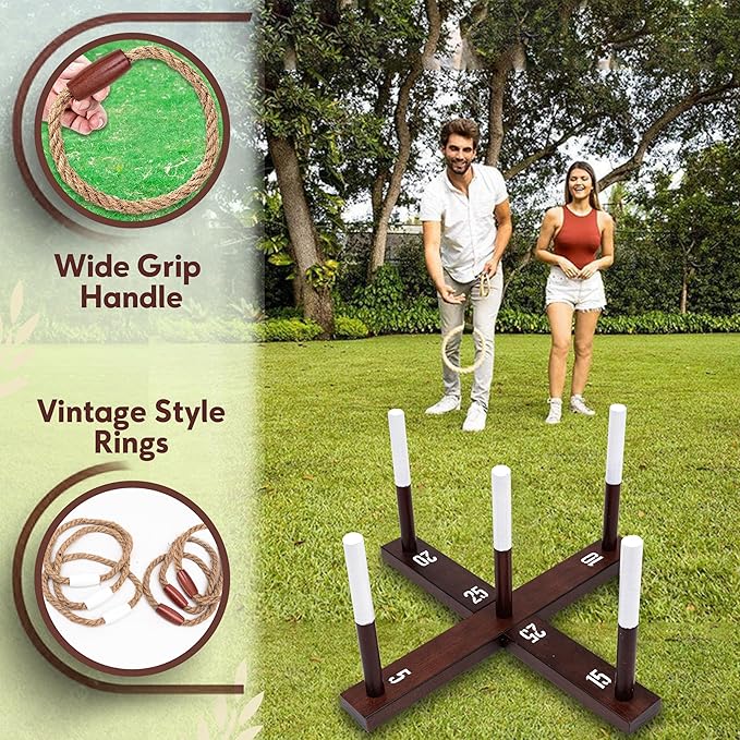 Outdoor Ring Toss Game for Adults - Perfect Lawn and Backyard Game for Adults and Family - Outdoor Yard Games for Fun Activities on Easter and Festivals - Wooden Ring Toss with Carrying Case