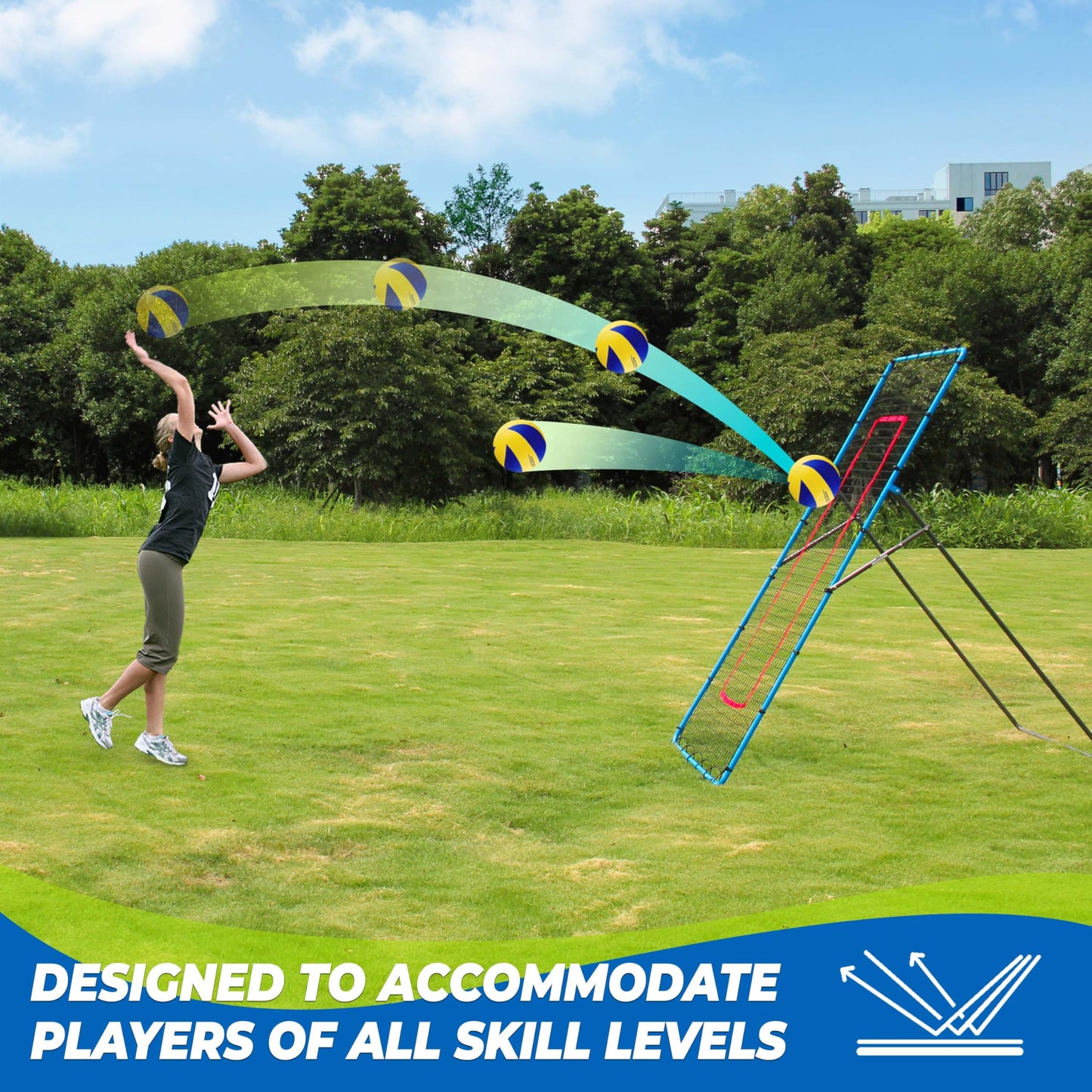 JOLORLY 2-in-1 Volleyball Rebounder Net, Adjustable 7×4 ft to 4.5×4 ft Bounce Back Training Rebound Equipment with Angle Customization for Volleying, Bumping, Spiking Practice (Blue)
