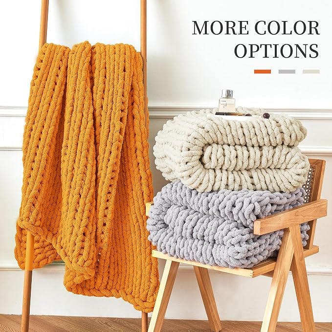 Admitrack Chunky Knit Blanket Throw, 100% Hand Knit Chenille Throw Blanket for Sofa & Home Decor, Soft and Cozy Knitted Throw Blankets (Orange, 51"x63")