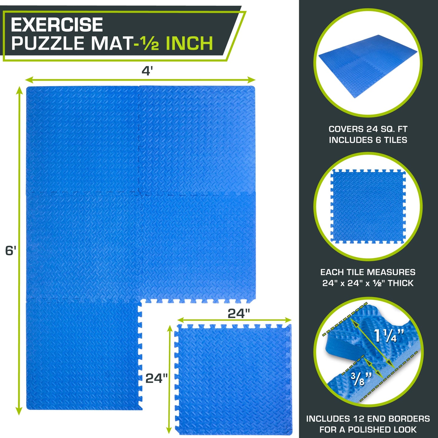 ProsourceFit Exercise Puzzle Mat ½-inch, EVA Interlocking Foam Floor Tiles for Home Gym, Workout Equipment, Kids Play Areas, Blue, 24 SQ FT - 6 Tiles