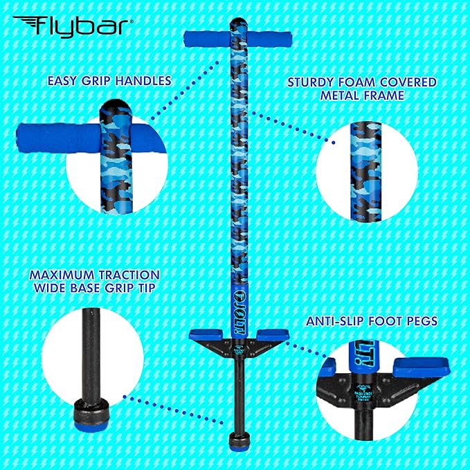 Flybar Pogo Stick for Kids, 40 to 80 Pounds, Perfect for Beginners, Easy Grip Foam Handles, Anti-Slip Foot Pegs, Outdoor Toys for Boys, Jumper Toys for Girls, Outside Toys for Kids (Jolt, Blue Camo)