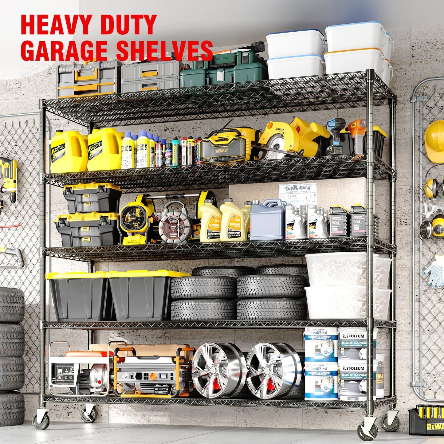 EliteEdge 5-Tier Tall Steel Garage Shelving with Wheels, Heavy Duty Storage Rack, 3300 Lbs Capacity, Adjustable Industrial Shelves for Garage, Workshop, or Warehouse, 23.6" D x 59" W x 82.6" H