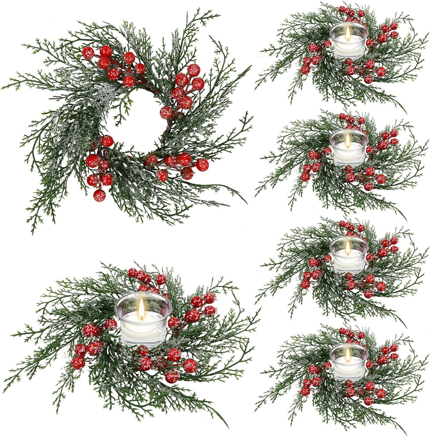 Skiennix Christmas Candle Rings - 6 Pcs Artificial Wreaths with Red Berries & Snowy Pine | Festive Table Centerpiece