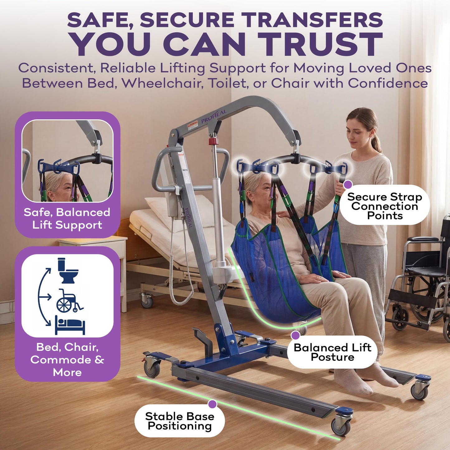 ProHeal Electric Lift - Safe and Easy Full Body Patient Transfer Lifter for Home Use and Facilities - Floor, Low Bed and Chair Lifting, 500 Pound Weight Capacity, 6 Point Spreader Bar