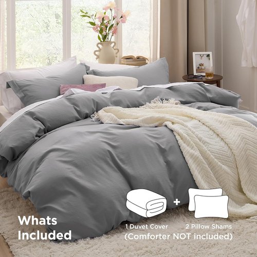 Bedsure Grey Duvet Cover Set - Soft Prewashed Cotton-Like Polyester | Queen Size 3 Pieces with Zipper Closure (90x90 inches)