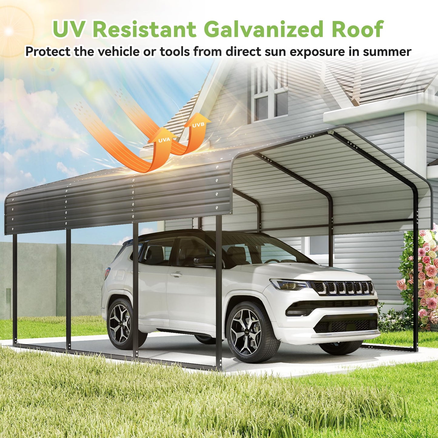 10x15FT Metal Carport,Heavy Duty Carport with Reinforced Frame and Galvanized Steel Roof, Outdoor Garage Shelter Shade Car Port for Pickup Trucks, Boats, Cars & Tractors, Farm Tools, Party, Gray