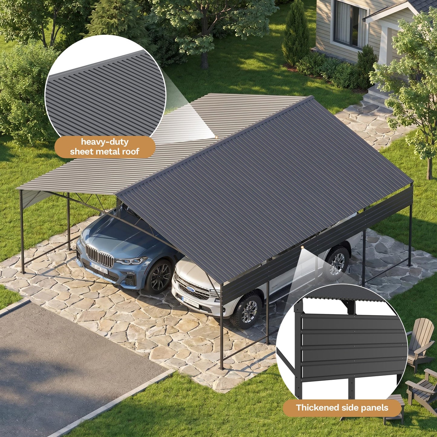Patiowell 20x20 FT Metal Carport, Heavy Duty Oversized Carport with Reinforced Frame and Galvanized Steel Roof, All-Weather Garage Car Port Shelter for 2 Cars, Trucks, Boats and Tractors, Black