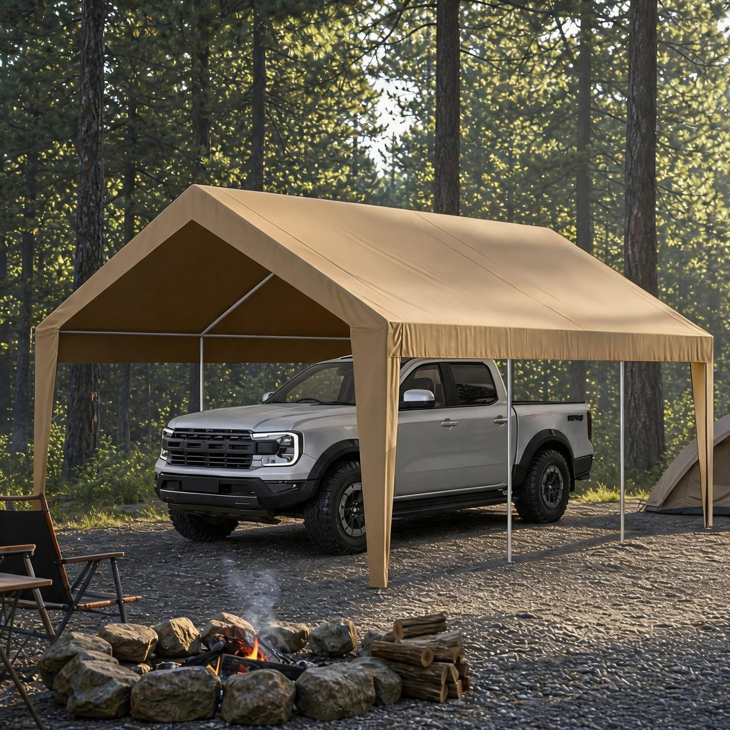 10x20 ft Heavy Duty Carport with Galvanized Steel Frame, Outdoor Car Canopy with 3-Layer UV-Resistant & Water-Resistant PE Cover, Portable Garage for SUV Truck Boat Outdoor Party, Khaki