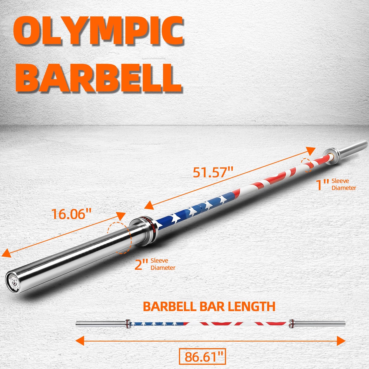 Fitvids 7ft Olympic Barbell 45LBS for Weightlifting and Powerlifting, 2 Inch Strength Training Bar with Needle Bearings, 190K PSI Tensile Strength Rated 1500 LBS Capacity, Flag