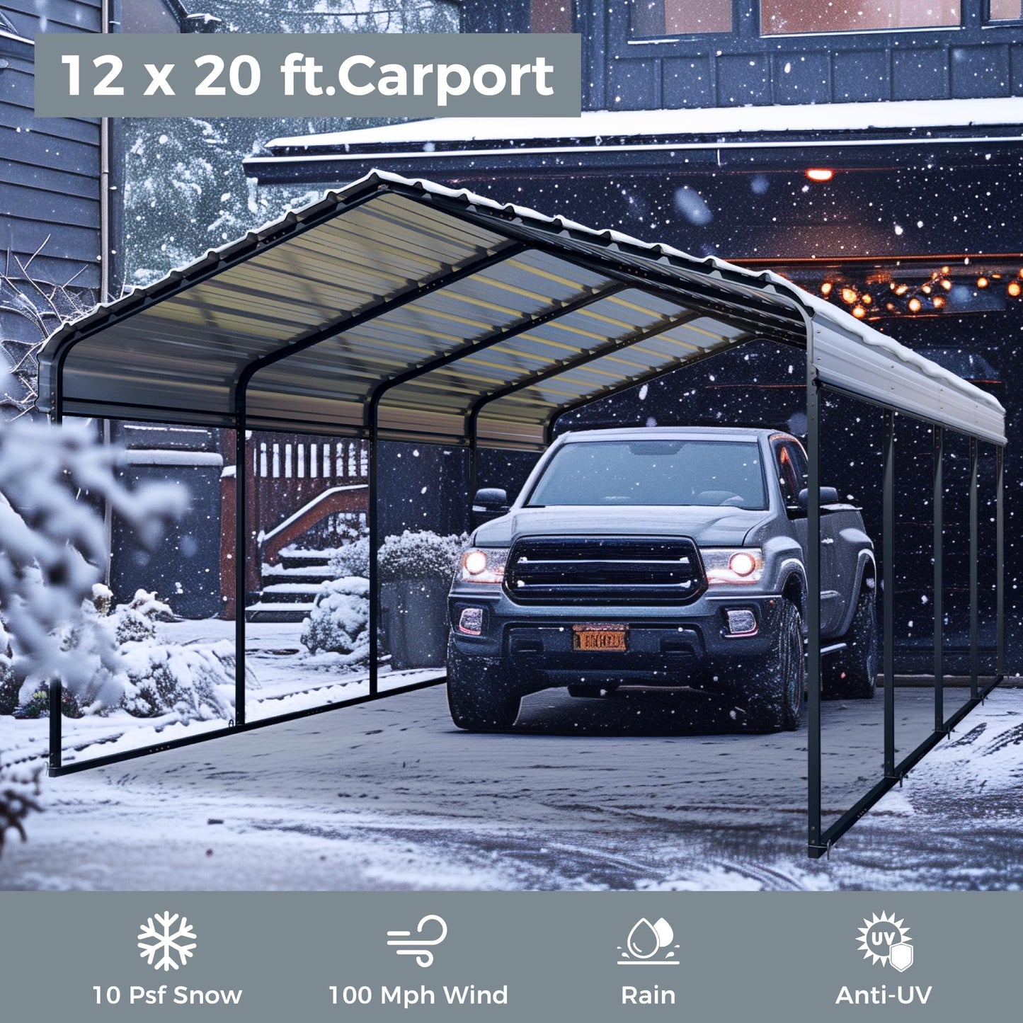 GREEN PARTY 12 x 20 ft Metal Carport Kits with Galvanized Steel Roof, Heavy Duty Metal Carport Canopy, Outdoor Car Tent Metal Garage Shelter for Car, SUV, Truck and Boats, Grey