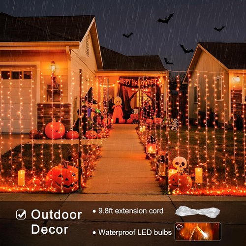 JMEXSUSS 300LED Orange Halloween Lights - 9.8x9.8ft Curtain String Lights with Remote | 8 Modes for Indoor/Outdoor Decor