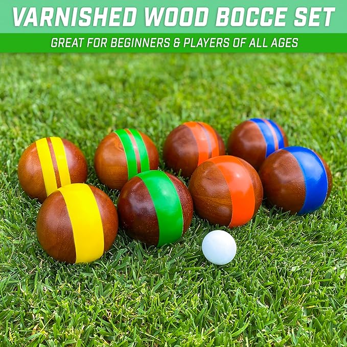 GoSports 100 mm Hardwood Bocce Set with 8 Premium 12 oz Wood Balls, Pallino, Case and Measuring Rope