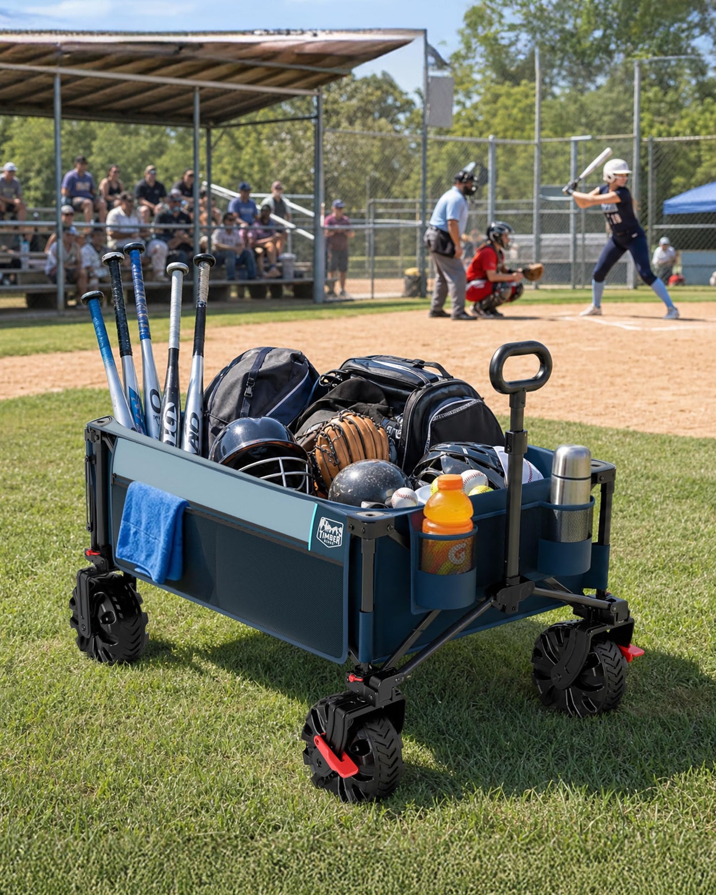 TIMBER RIDGE 600L Beast Wagon 26" W Extra Wide All Terrain Folding w/Big Wheels, Cargo Net & Tailgate, 26" W and 55.25" L, 400lbs Heavy Duty Collapsible Portable Cart for Camping, Sports, Dogs, Blue