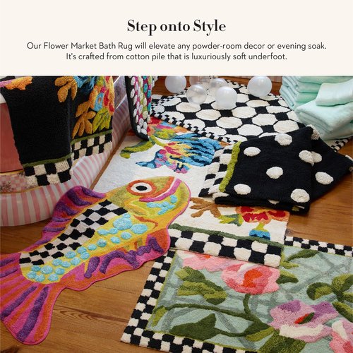 MACKENZIE-CHILDS Bath Rug, Bath Mat for Bathroom Use, Cotton Rug, Black Flower Market