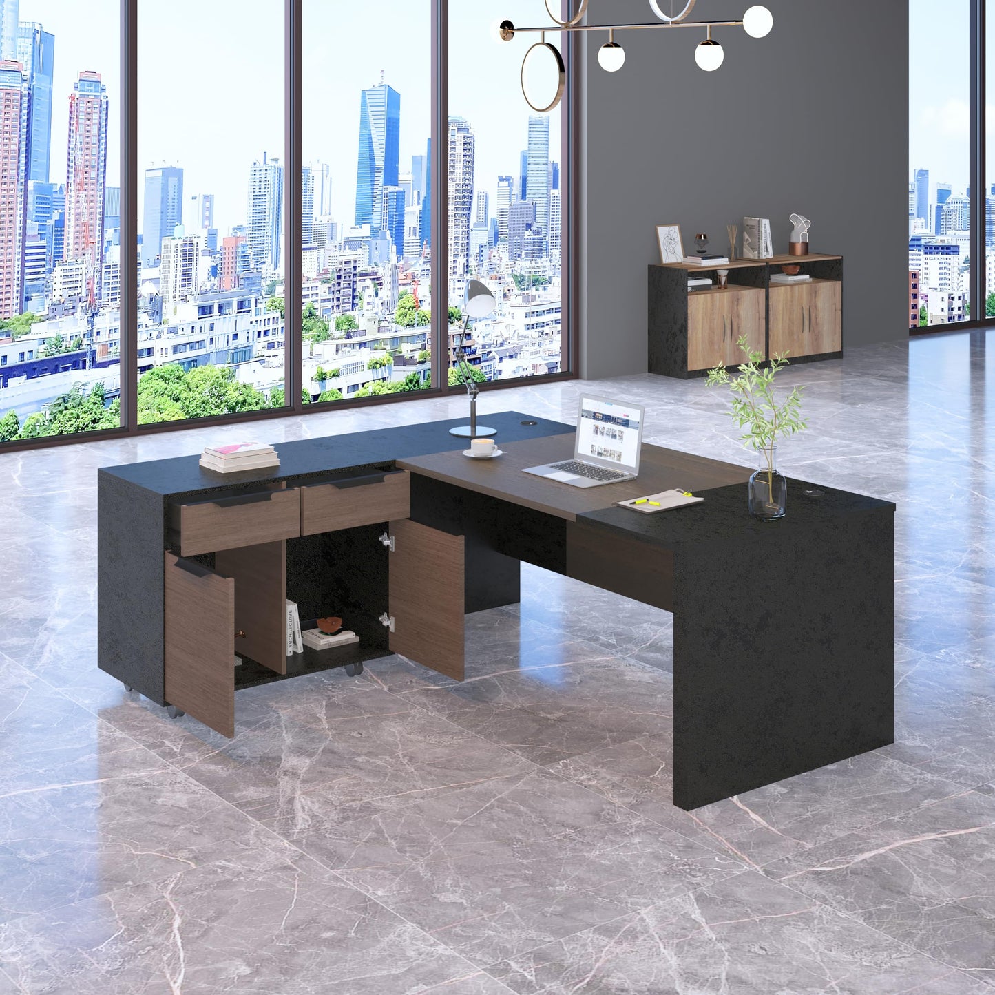 GT BLACK TURNSTONE 70.8” L Shaped Executive Desk with Reversible Mobile Storage Cabinet, Office Desk with Drawers & File Storage, Modern Home Office Desk for Professionals & Business Owners