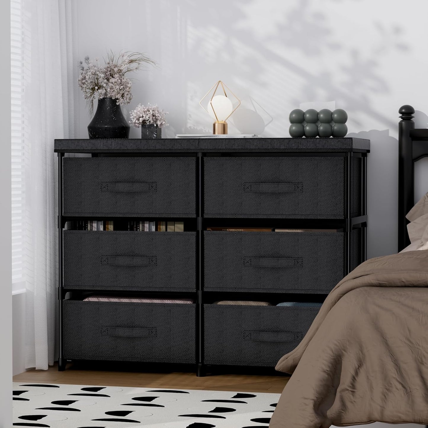 PPN Dresser - 6 Fabric Drawer Storage Cabinet for Living Room & Bedroom - Sturdy Metal Frame, Black