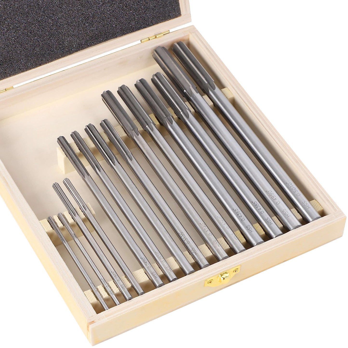 Premium HSS Chucking Reamer Set 14-Piece (0.1240" - 0.5010"), Straight Flute Right Hand Cut Machine Reamers with Upgraded Secure Wooden Case for Metalworking, Milling & Lathes